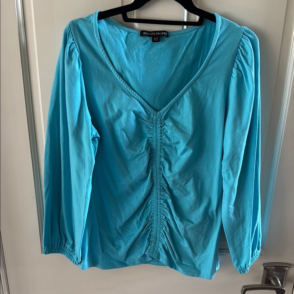Boston Proper Blue Ruched 3/4 Sleeve Blouse